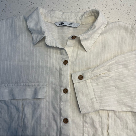 ZARA Oversized Striped Linen Blend Tunic Blouse 3/4 Sleeve Size S Cream - Picture 4 of 6